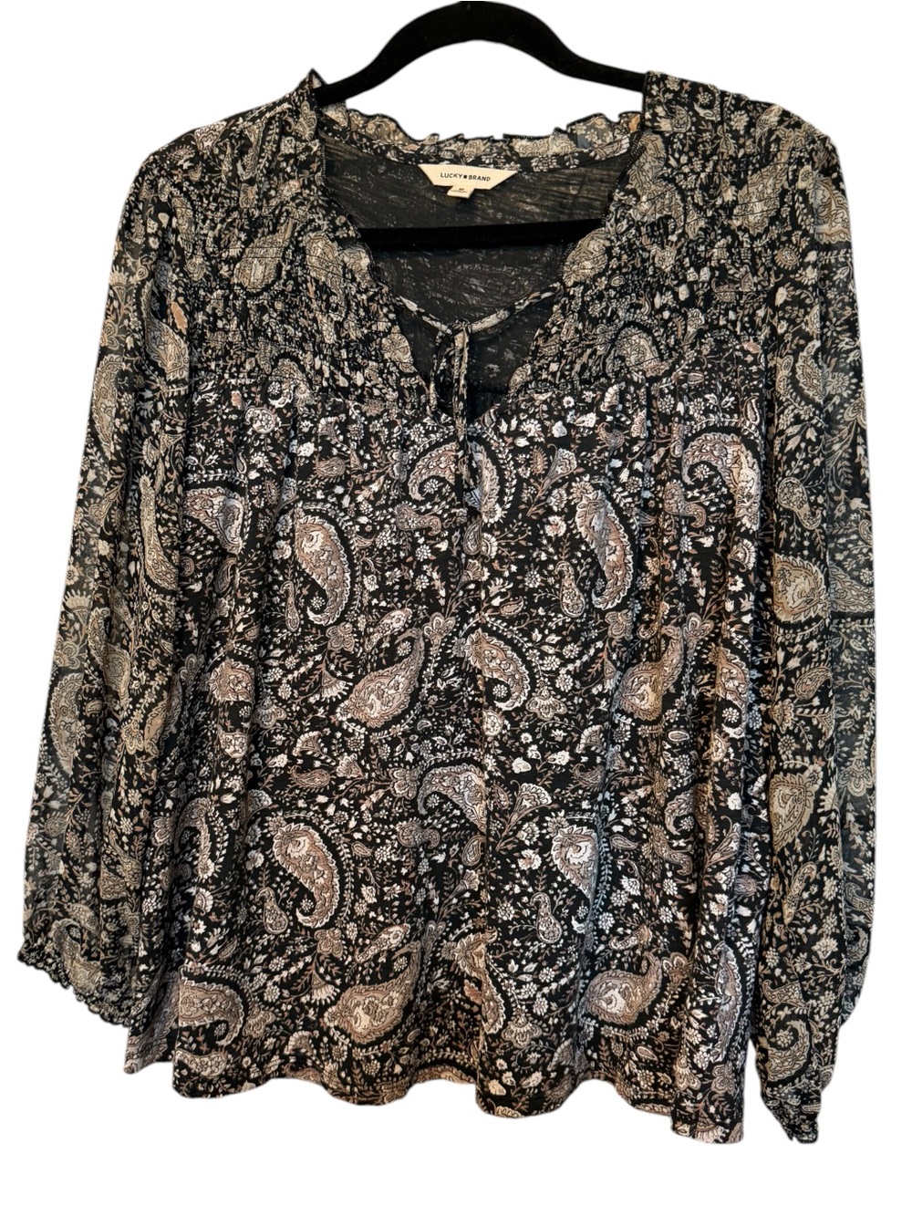 Lucky Brand Black and Cream Paisley Peasant Tunic
